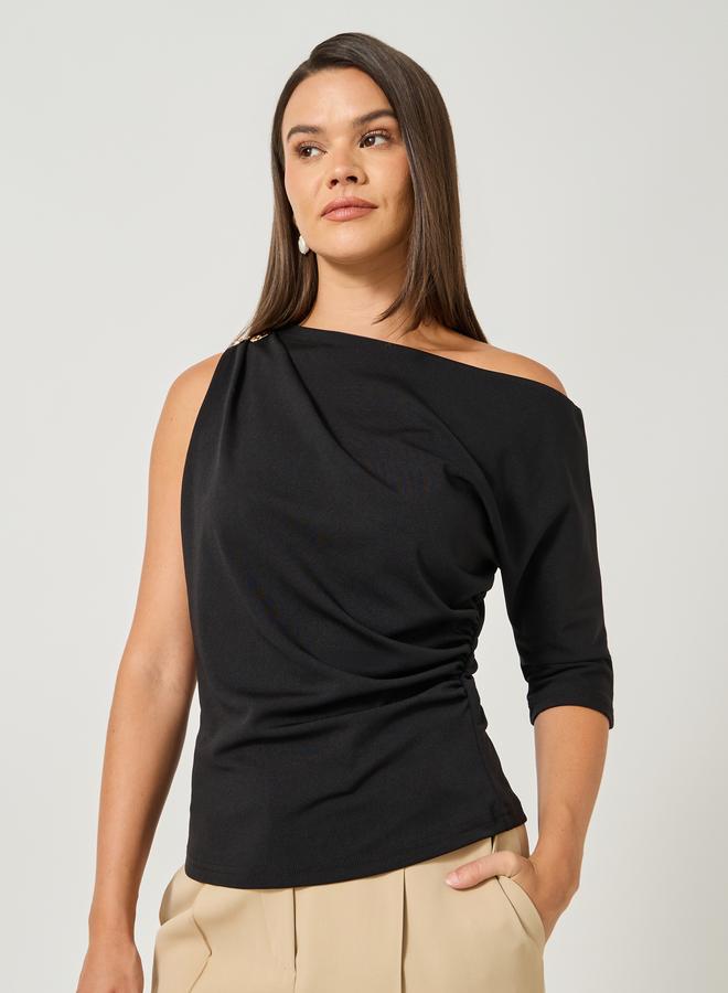 Styli Ruched Asymmetric Neckline Fitted Top With Metal Trim - Image 3