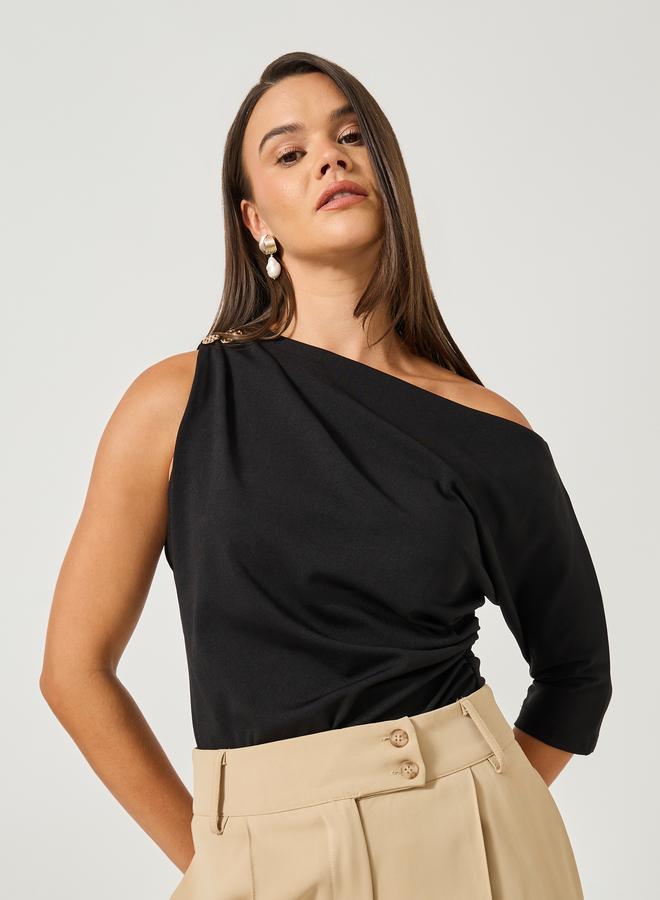 Styli Ruched Asymmetric Neckline Fitted Top With Metal Trim - Image 1
