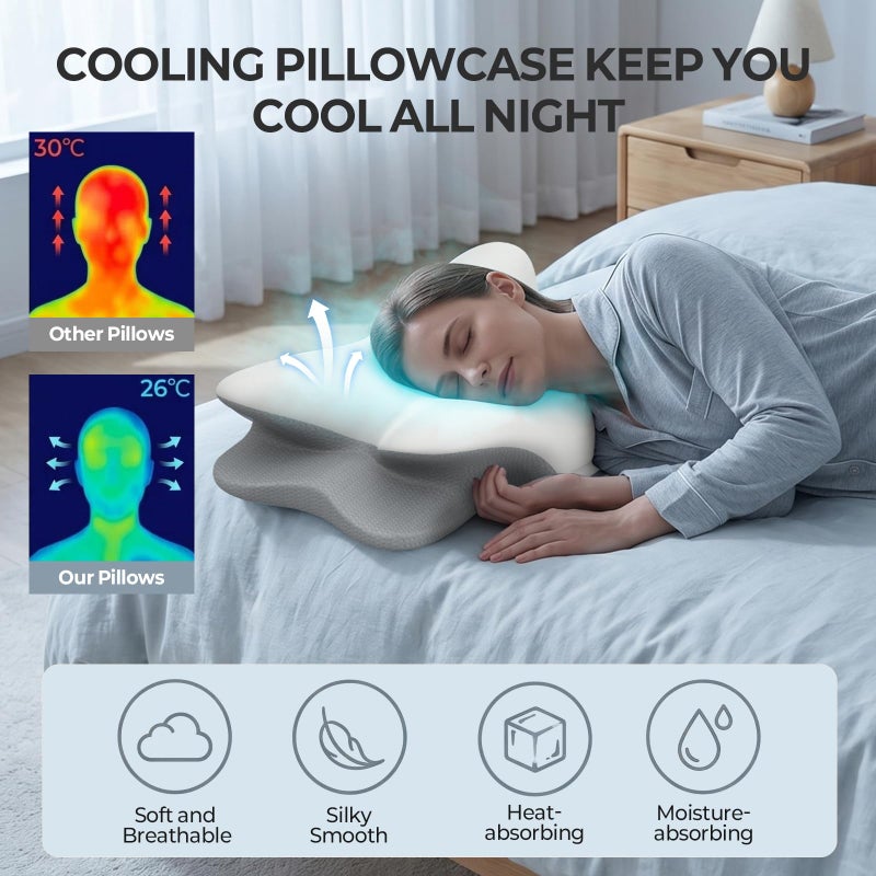 Cervical Neck Pillow for Pain Relief - Ergonomic Memory Foam Pillow with Breathable Cooling Cover (Blue) - Image 2