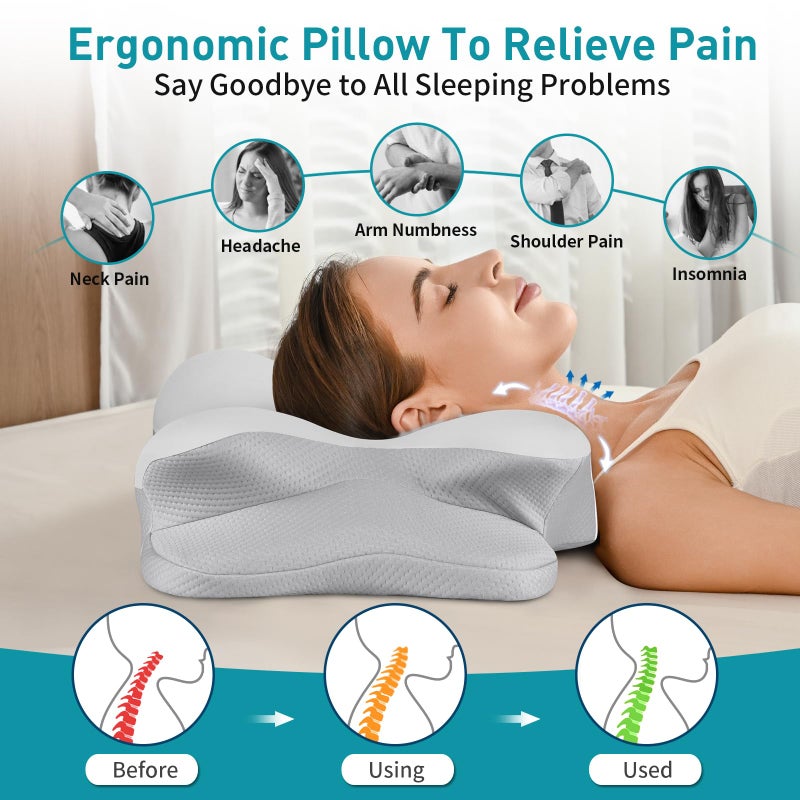 Cervical Neck Pillow for Pain Relief - Ergonomic Memory Foam Pillow with Breathable Cooling Cover (Blue) - Image 3