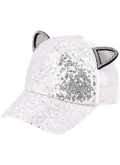 Kids Sparkle Sequins Mesh Baseball Cap Cat Ears Glitter Shimmer Peak Cap Adjustable Sun Protection Hat for Girls Boys Silvery White