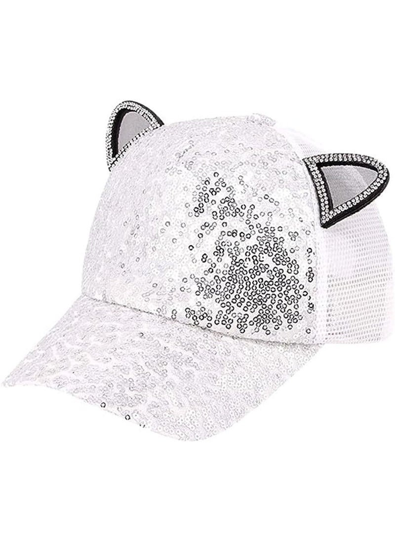 Generic - Kids Sparkle Sequins Mesh Baseball Cap Cat Ears Glitter Shimmer Peak Cap Adjustable Sun Protection Hat for Girls Boys Silvery White - Image 1