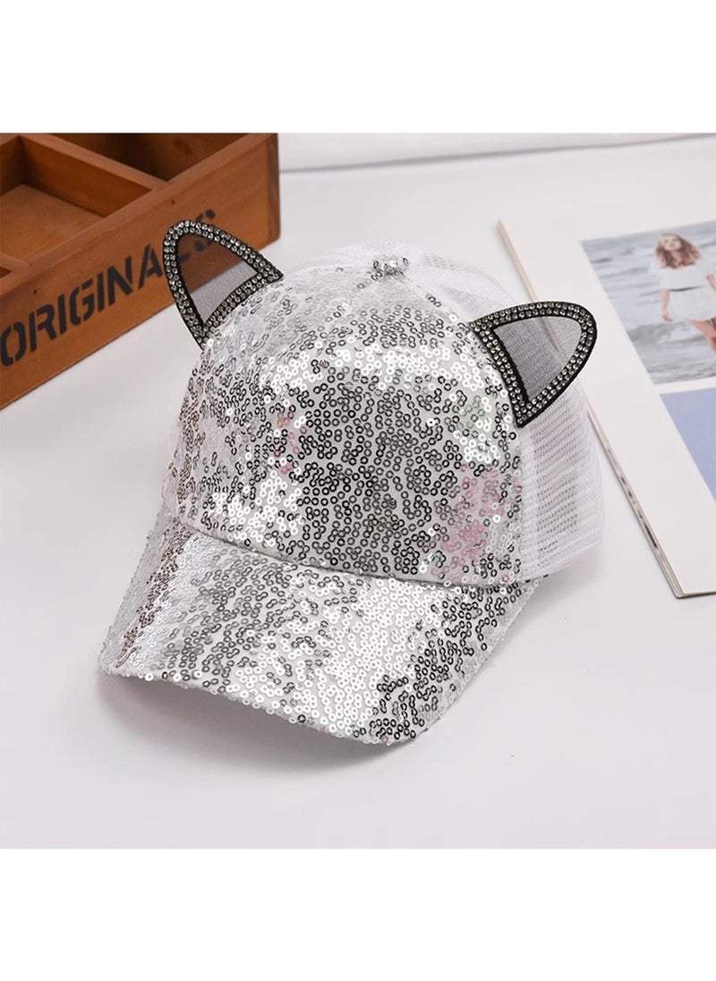 Generic - Kids Sparkle Sequins Mesh Baseball Cap Cat Ears Glitter Shimmer Peak Cap Adjustable Sun Protection Hat for Girls Boys Silvery White - Image 1