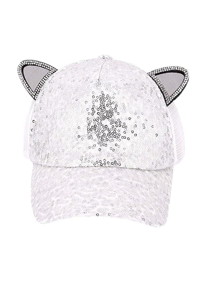 Generic - Kids Sparkle Sequins Mesh Baseball Cap Cat Ears Glitter Shimmer Peak Cap Adjustable Sun Protection Hat for Girls Boys Silvery White - Image 1