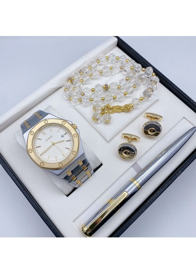 A high-quality, elegant men's watch gift set from Catery, a silver bracelet with a gold bracelet and a white dial with the date display