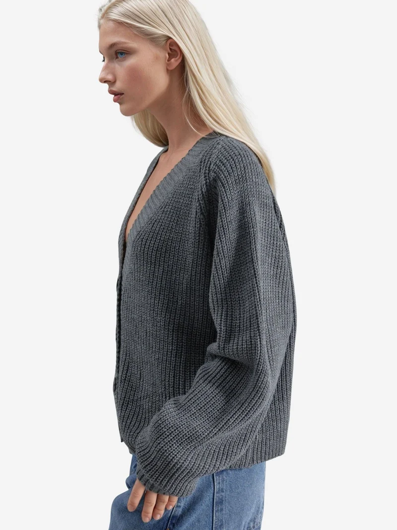My Fashion Dark Grey MY FASHION Ribbed Knit Button-Up Crop Cardigan for Women | Best Price UAE