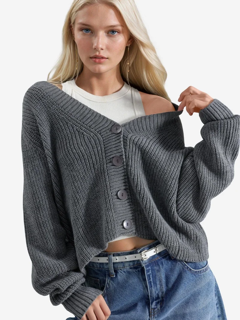 My Fashion Dark Grey MY FASHION Ribbed Knit Button-Up Crop Cardigan for Women | Best Price UAE