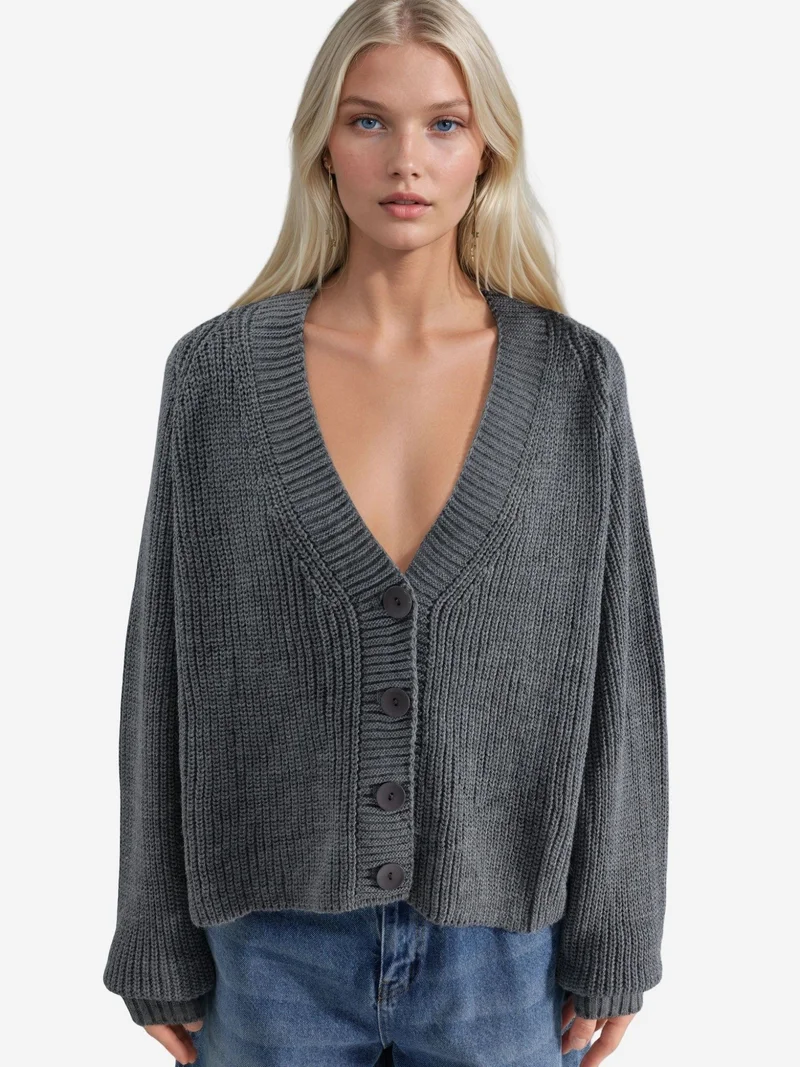 MY FASHION Ribbed Knit Button-Up Crop Cardigan