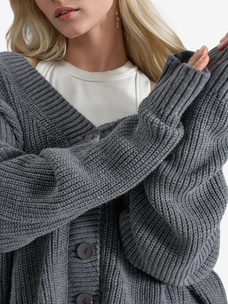 My Fashion Dark Grey MY FASHION Ribbed Knit Button-Up Crop Cardigan for Women | Best Price UAE