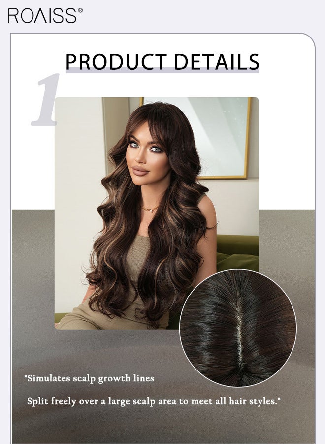 roaiss Long Wavy Hair Wig with Middle-parted Bangs Long Brown Highlights Wigs for Women Wig Natural Looking Heat Resistant Synthetic Wigs Daily Party Use 78cm (30.7 inches) - Image 4
