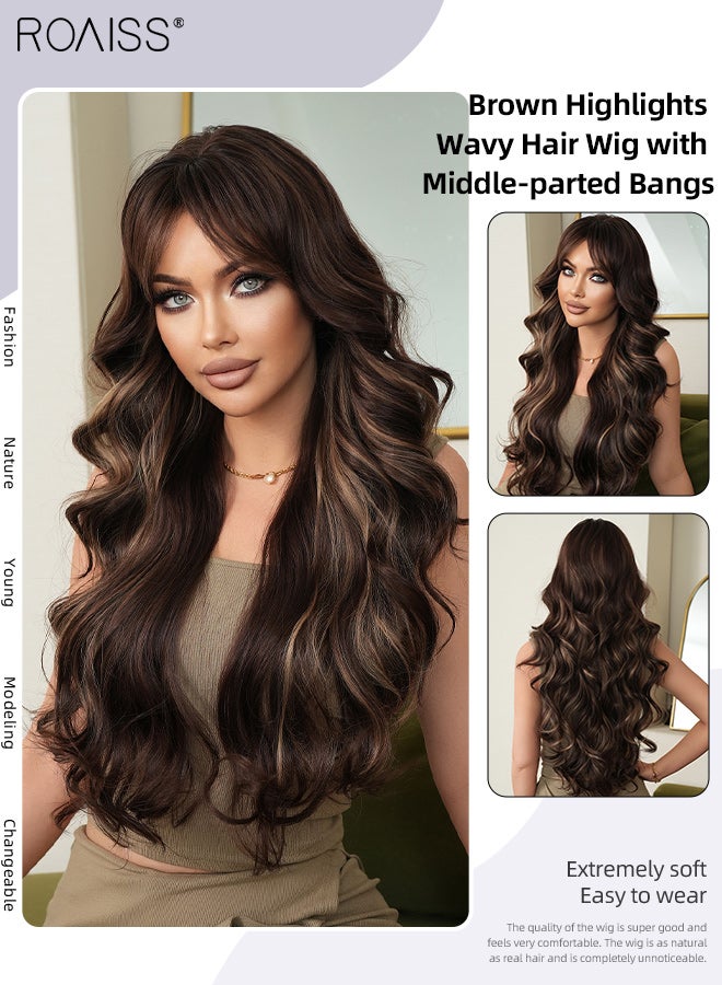 roaiss Long Wavy Hair Wig with Middle-parted Bangs Long Brown Highlights Wigs for Women Wig Natural Looking Heat Resistant Synthetic Wigs Daily Party Use 78cm (30.7 inches) - Image 1