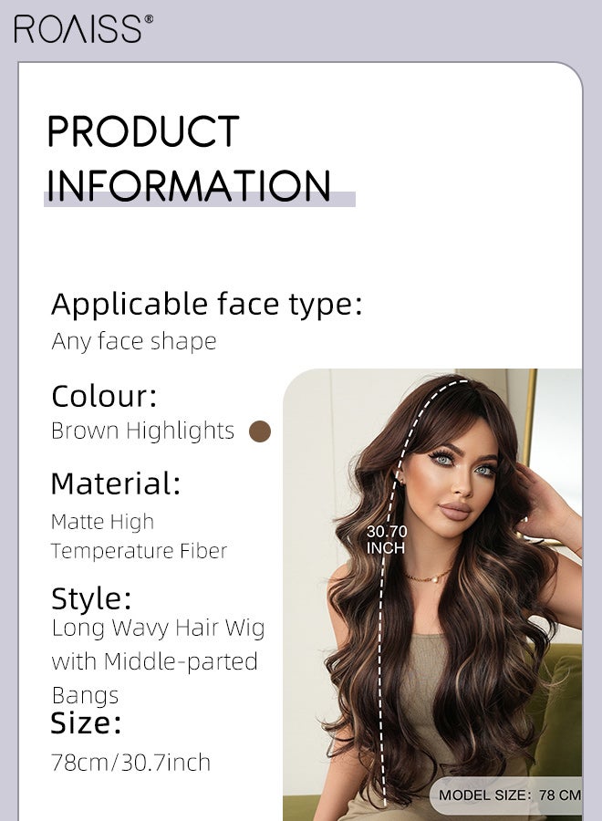 roaiss Long Wavy Hair Wig with Middle-parted Bangs Long Brown Highlights Wigs for Women Wig Natural Looking Heat Resistant Synthetic Wigs Daily Party Use 78cm (30.7 inches) - Image 2