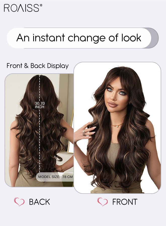 roaiss Long Wavy Hair Wig with Middle-parted Bangs Long Brown Highlights Wigs for Women Wig Natural Looking Heat Resistant Synthetic Wigs Daily Party Use 78cm (30.7 inches) - Image 3