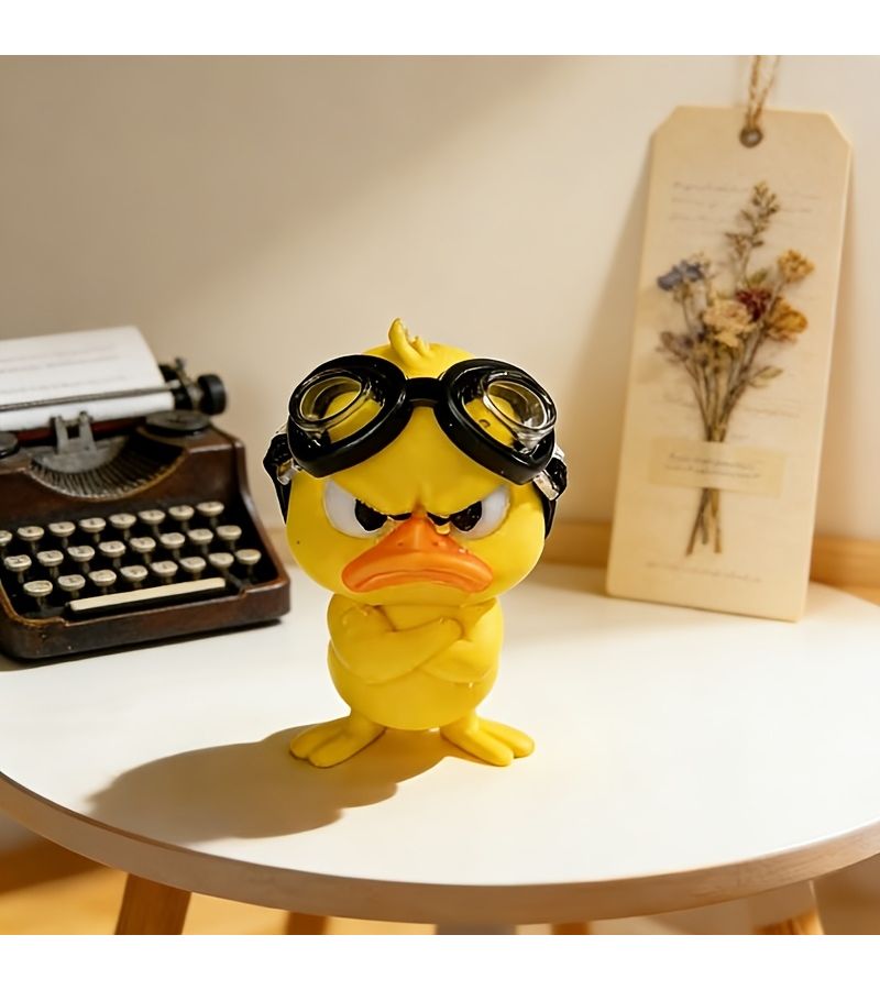 1 Angry Little Yellow Duck Figurine In Swimming Goggles With Arms Folded Across Chest For Desk Shelf Cabinet Living Room Car Interior Decoration - Image 1
