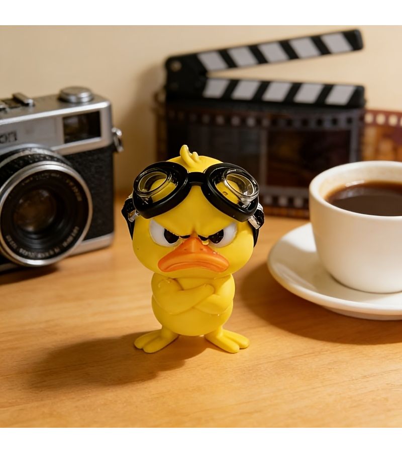 1 Angry Little Yellow Duck Figurine In Swimming Goggles With Arms Folded Across Chest For Desk Shelf Cabinet Living Room Car Interior Decoration - Image 3