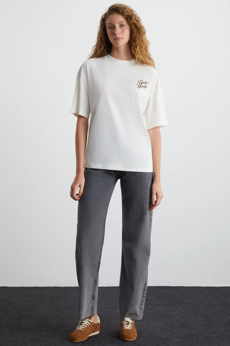 GRIMELANGE Evely Cotton Round Neck Printed Ecru T-Shirt