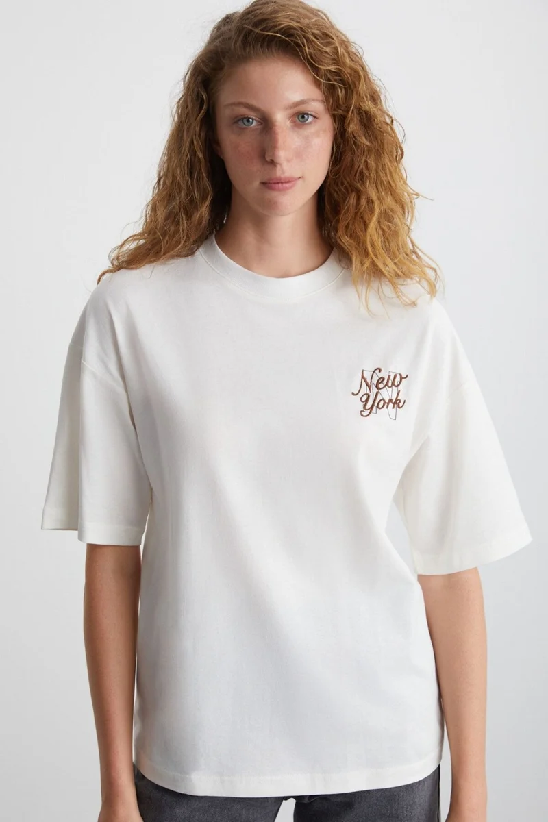 GRIMELANGE Evely Cotton Round Neck Printed Ecru T-Shirt