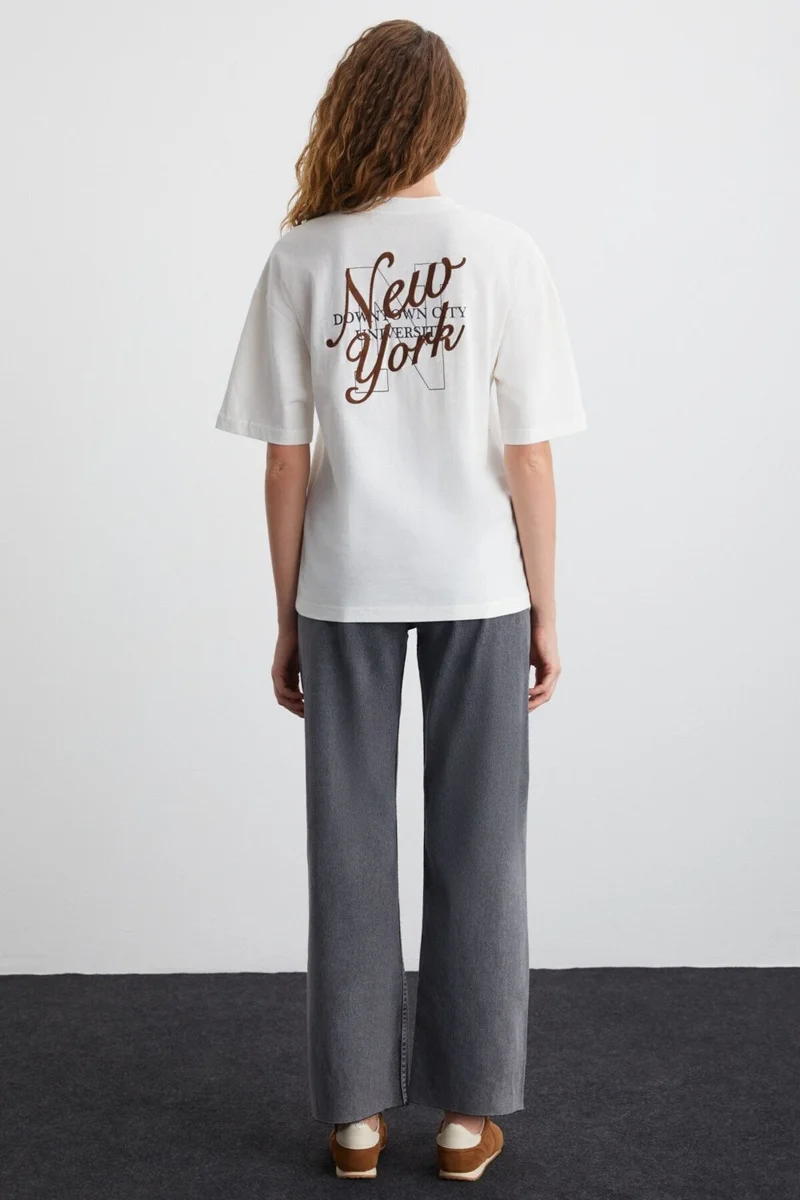 GRIMELANGE Evely Cotton Round Neck Printed Ecru T-Shirt