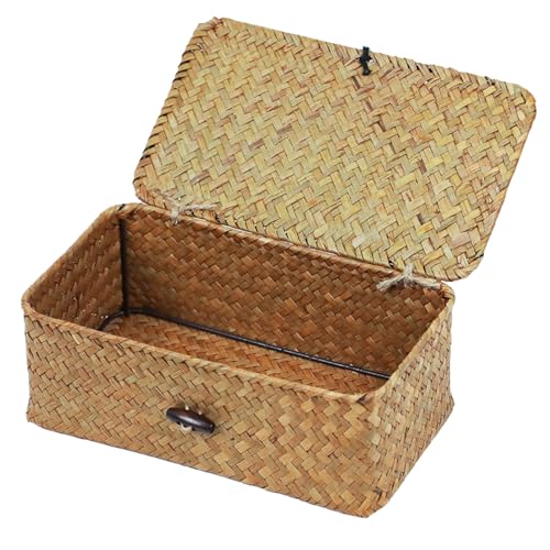 ORDELITE Wicker Storage Basket with Lid, Natural Seagrass Storage Baskets for Organizing, Rectangular Woven Basket for Storage, Decorative Boxes Bins with Lids Home Organizer Decor - Image 1