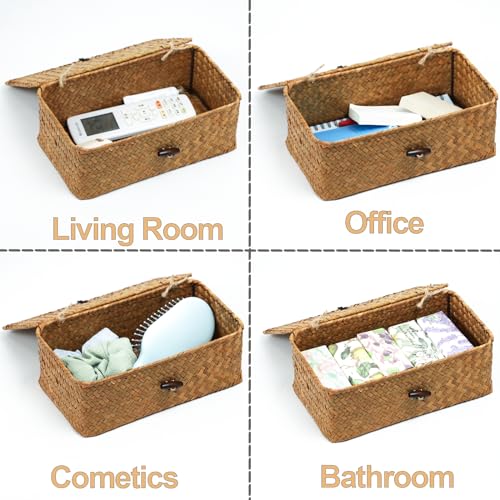 ORDELITE Wicker Storage Basket with Lid, Natural Seagrass Storage Baskets for Organizing, Rectangular Woven Basket for Storage, Decorative Boxes Bins with Lids Home Organizer Decor - Image 3