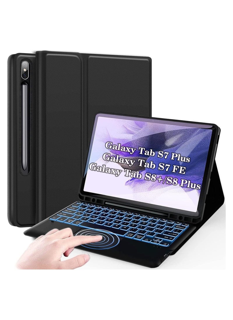 Backlit Touchpad Keyboard Case for Samsung Galaxy Tab S8 Plus 2022 / S7 FE 2021 / S7 Plus 2020 12.4 Inch Tablet, Slim PU Stand Cover with S Pen Holder  - Image 1
