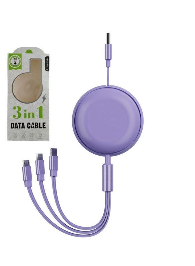 ATA Super Fast Charging 66W 3-in-1 Retractable Data Cable – USB to Micro, Lightning & Type-C (Round Model, Purple) - Image 1