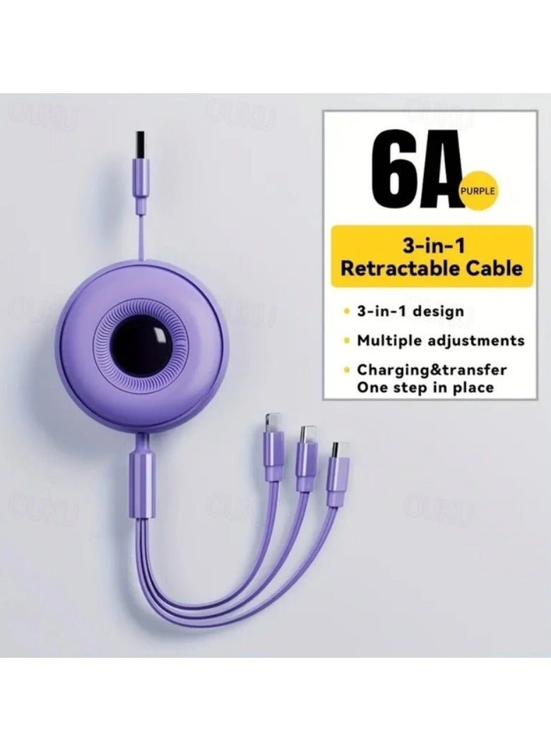 ATA Super Fast Charging 66W 3-in-1 Retractable Data Cable – USB to Micro, Lightning & Type-C (Round Model, Purple) - Image 2
