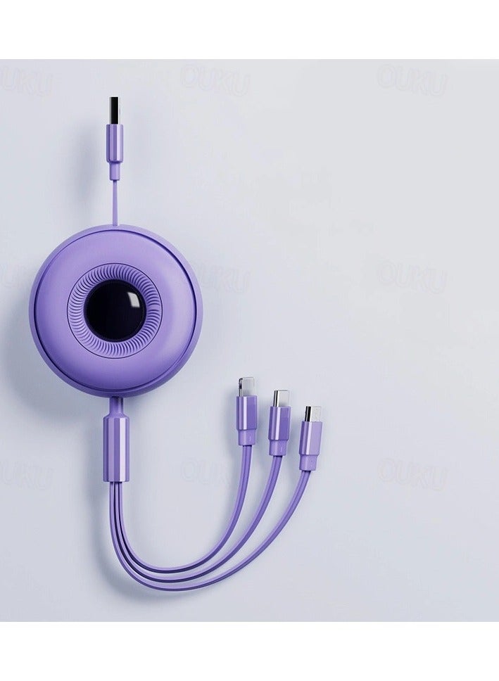 ATA Super Fast Charging 66W 3-in-1 Retractable Data Cable – USB to Micro, Lightning & Type-C (Round Model, Purple) - Image 3