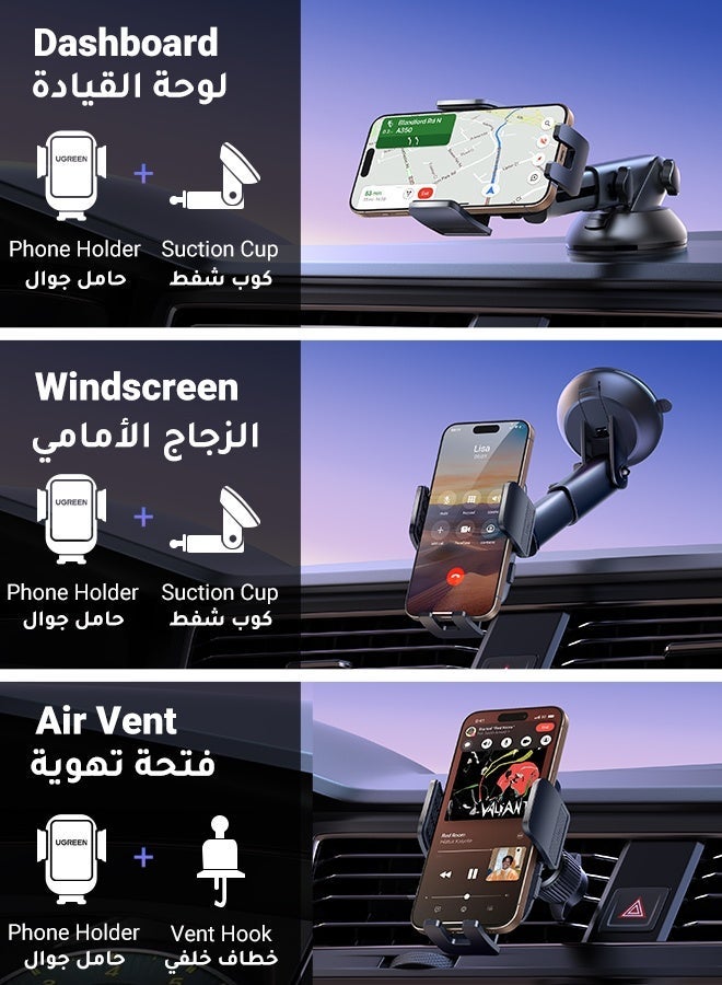 Ugreen 2024-Gen Upgraded 2 In 1 Car Phone Holder For Dashboard/Windshield/Air Vent Car Mount Ultra Stable Car Mobile Holder With Strong Suction Cup Car Stand Fit iPhone 16/15 Series, Galaxy S24 S23, Xiaomi Black - Image 3