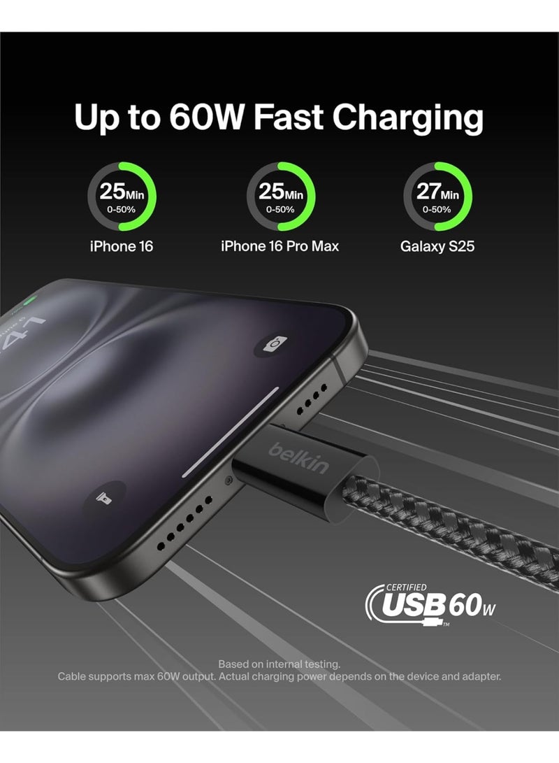بيلكين كابل USB-C إلى USB-C مضفر 2-pack بطول 5 أقدام، 60 واط - كابل شحن سريع ناعم ومرن، سلك شاحن نوع C لجهاز iPhone 17 و 16، Galaxy S25، Pixel 10، iPad Pro، والمزيد - أسود - Image 2