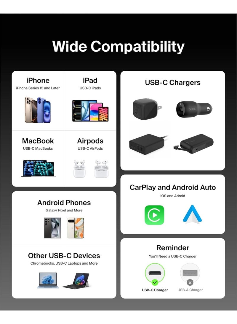 بيلكين كابل USB-C إلى USB-C مضفر 2-pack بطول 5 أقدام، 60 واط - كابل شحن سريع ناعم ومرن، سلك شاحن نوع C لجهاز iPhone 17 و 16، Galaxy S25، Pixel 10، iPad Pro، والمزيد - أسود - Image 5
