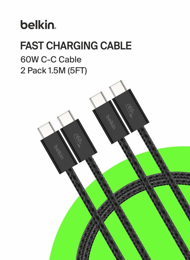 بيلكين كابل USB-C إلى USB-C مضفر 2-pack بطول 5 أقدام، 60 واط - كابل شحن سريع ناعم ومرن، سلك شاحن نوع C لجهاز iPhone 17 و 16، Galaxy S25، Pixel 10، iPad Pro، والمزيد - أسود - Image 1