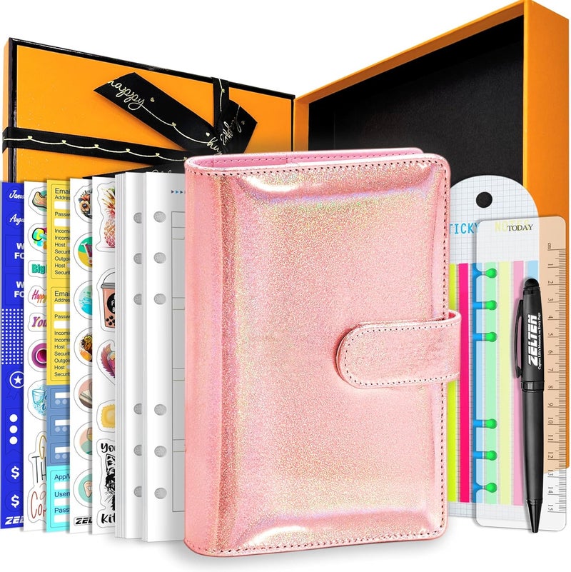 Zelten PU Leather Personal Notebook Planner with 67 Pages Loose-Leaf Papers 6 Holes Ring Binder Pen Holder Magnetic Buckle (Pink Glitter,A6 Gift Box) - Image 1