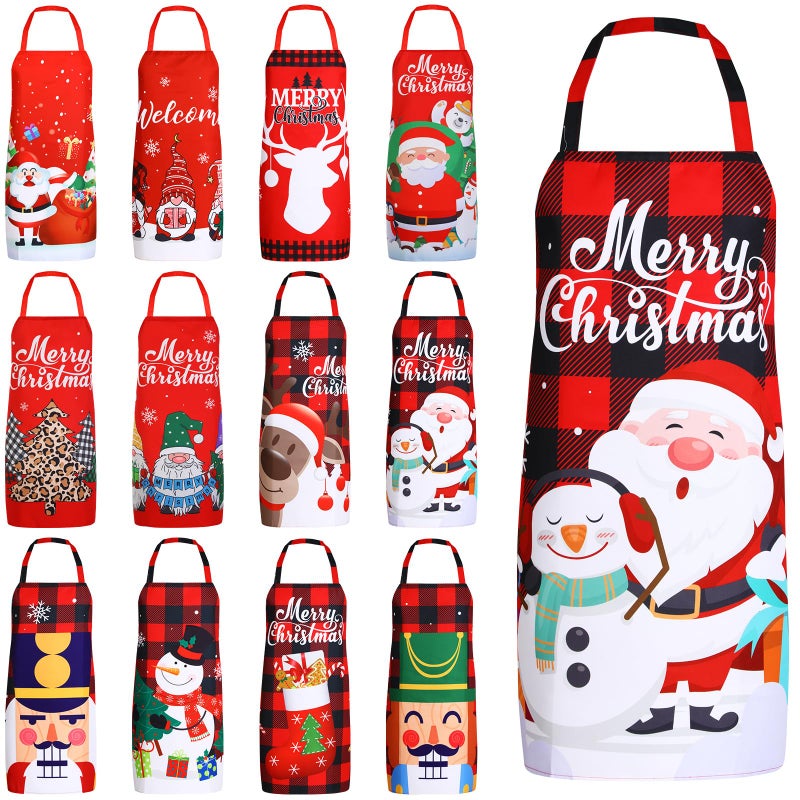 Suhine مئزر عيد الميلاد سوهين 12 قطعة قابل للتعديل باللون الأحمر والأسود بنمط كاروهات للنساء والرجال للطهي والخبز هدية حفلة العيد سانتا كلوز