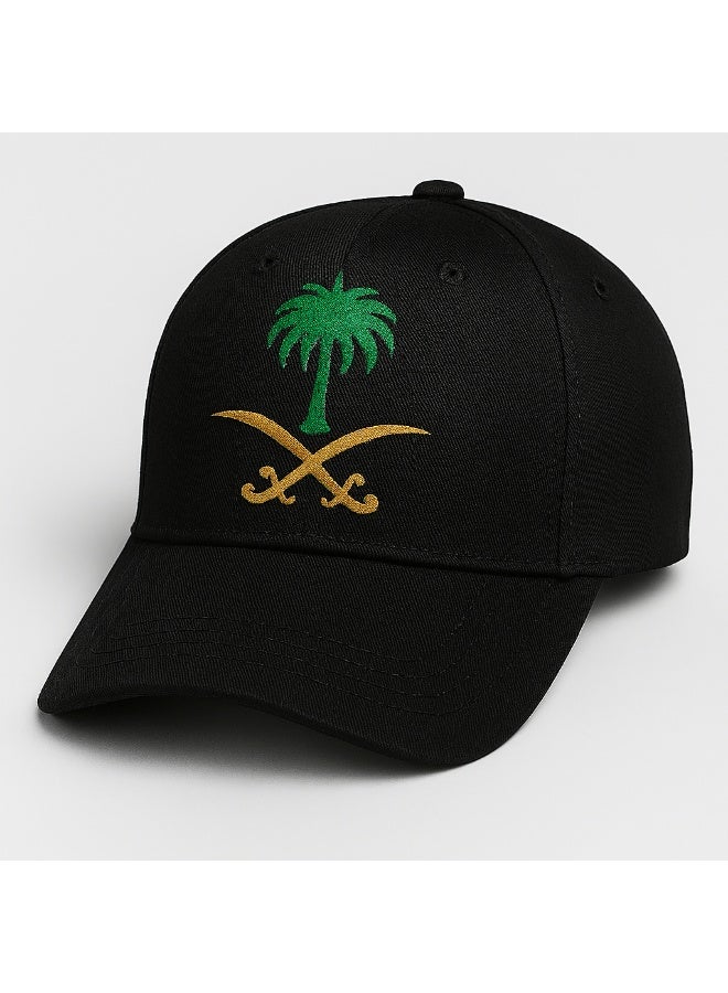 HFA Saudi Arabia cap, black cap, palm tree and swords cap, national cap, sports cap, unisex cap, men’s cap, women’s cap, casual cap, stylish cap, premium cap, Saudi emblem cap. - Image 1