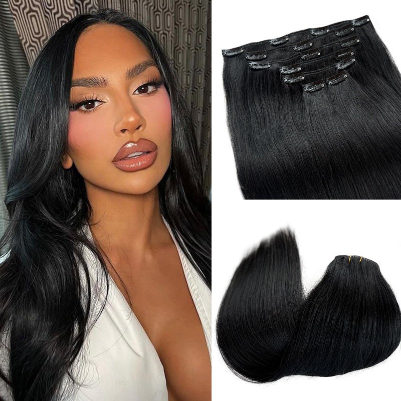 Licoville Black Clip in Hair Extensions Human Hair 15 Inch 70G Thick Hair Extensions Clip ins for Women Natural Color 1B Real Human Hair Clip in Extension - Image 2