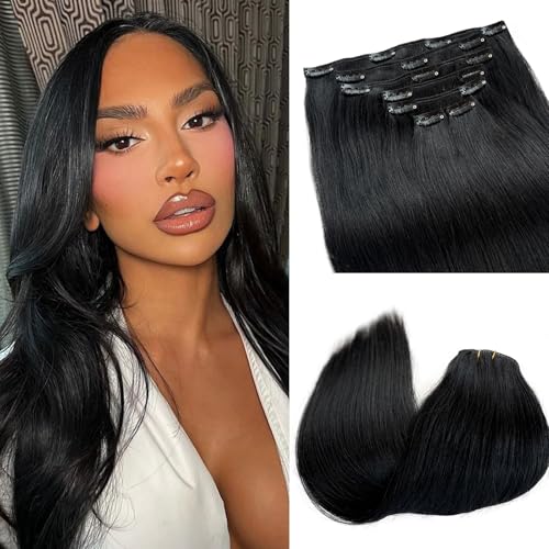 Licoville Black Clip in Hair Extensions Human Hair 15 Inch 70G Thick Hair Extensions Clip ins for Women Natural Color 1B Real Human Hair Clip in Extension - Image 1
