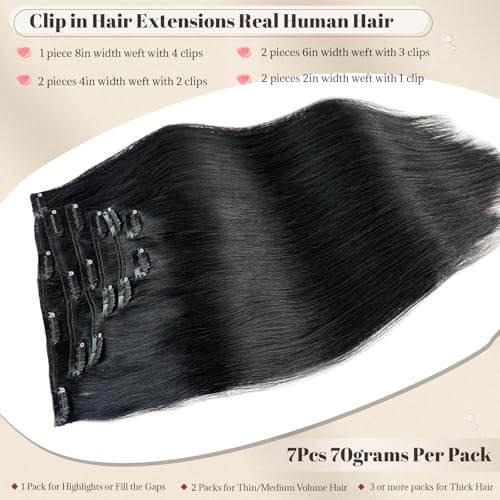 Licoville Black Clip in Hair Extensions Human Hair 15 Inch 70G Thick Hair Extensions Clip ins for Women Natural Color 1B Real Human Hair Clip in Extension - Image 3