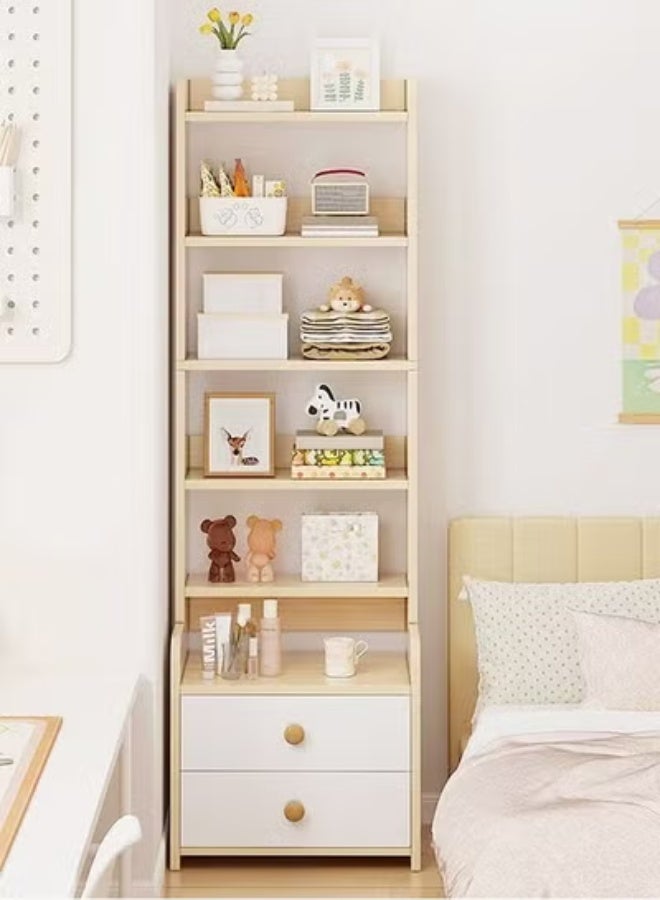 رافين خزانة كتب بتصميم عصري متعدد الأغراض من 6 طبقات وأرفف مفتوحة مع أدراج تخزين وطاولة جانبية طويلة وطاولة جانبية خشبية لغرفة النوم وطاولة جانبية مع رف تخزين من جذوع الأشجار 40 × 30 × 160 سم - Image 2