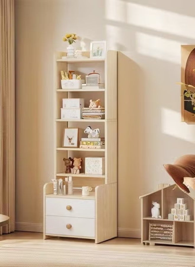 رافين خزانة كتب بتصميم عصري متعدد الأغراض من 6 طبقات وأرفف مفتوحة مع أدراج تخزين وطاولة جانبية طويلة وطاولة جانبية خشبية لغرفة النوم وطاولة جانبية مع رف تخزين من جذوع الأشجار 40 × 30 × 160 سم - Image 5