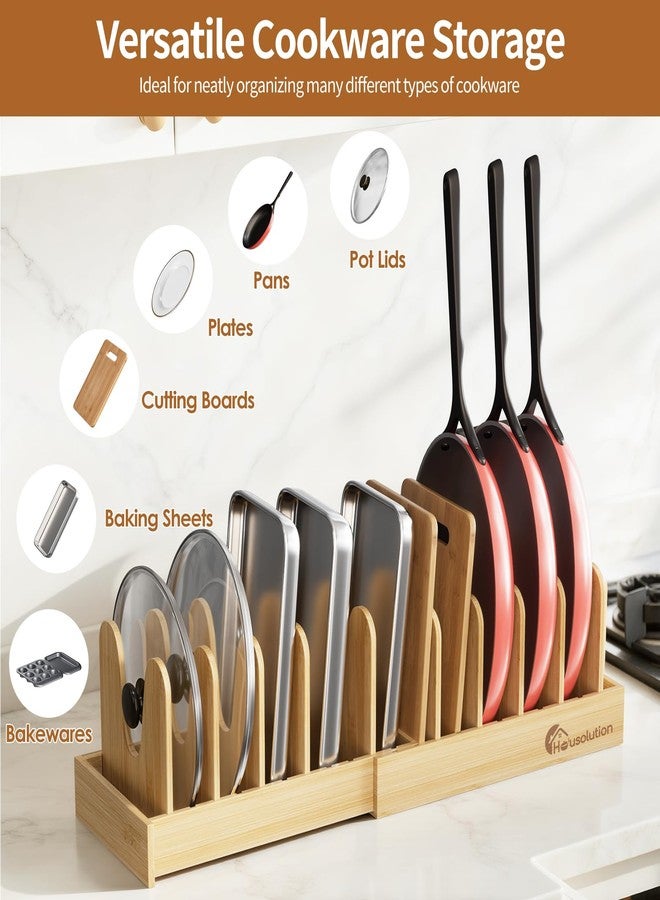 Housolution Bamboo Pot and Pan Holder for Drawer, 40 cm-75 cm Expandable Pot Lid Holder with 10 Adjustable Compartments, Lid Organizer for Pots and Pans for Kitchen - Image 2