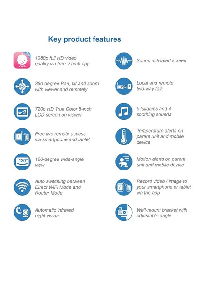 vtech Smart WiFi Baby Monitor VM901,5in 720p Display, 1080p Camera, HD NightVision, Fully Remote Pan Tilt Zoom, 2-Way Talk, free Smart Phone App - Image 2