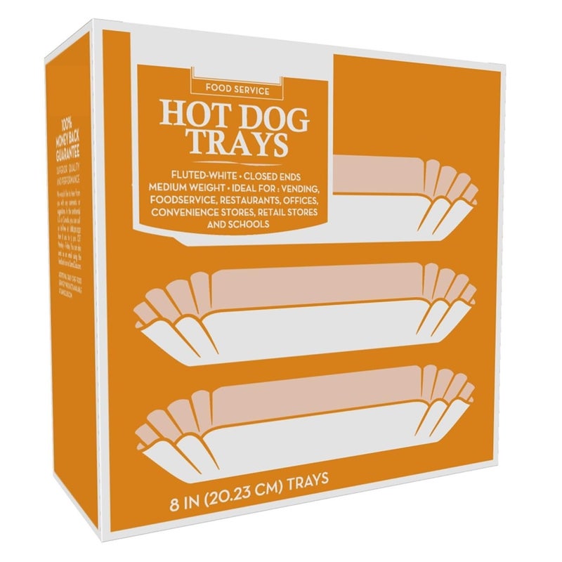 1500 Paper Hot Dog Trays  White Hot Dog Wrappers  8 Inch Hotdog Tray Holders Plates  Disposable Fluted Hotdog Boats  Hotdog Container  Concession Stand Trays  Hot Dog Cart Accessories