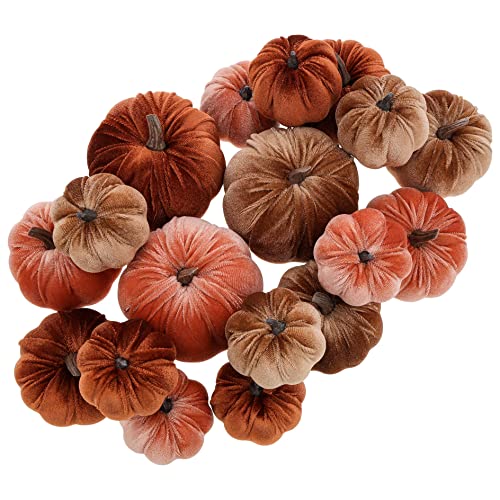 Woration 18pcs Fake Artificial Velvet Pumpkin Fall Decoration 3 Size Faux Foam Fabric Pumpkins Halloween Decor for Home Farmhouse Harvest Thanksgiving Brown Series - Image 1