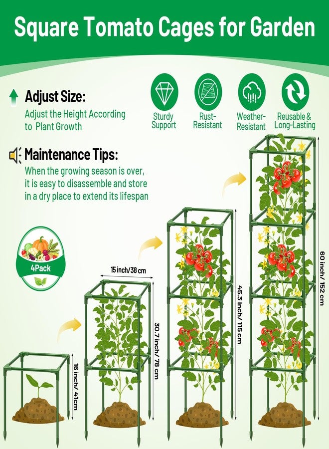 Legigo 4 Pack Square Tomato Cages for Garden- Up to 60 Inch Tomato Plant Support Stakes Cage, Heavy Duty Steel Tomato Trellis Garden Stakes for Raised Garden Bed Climbing Vegetables Cucumbers Flowers - Image 2