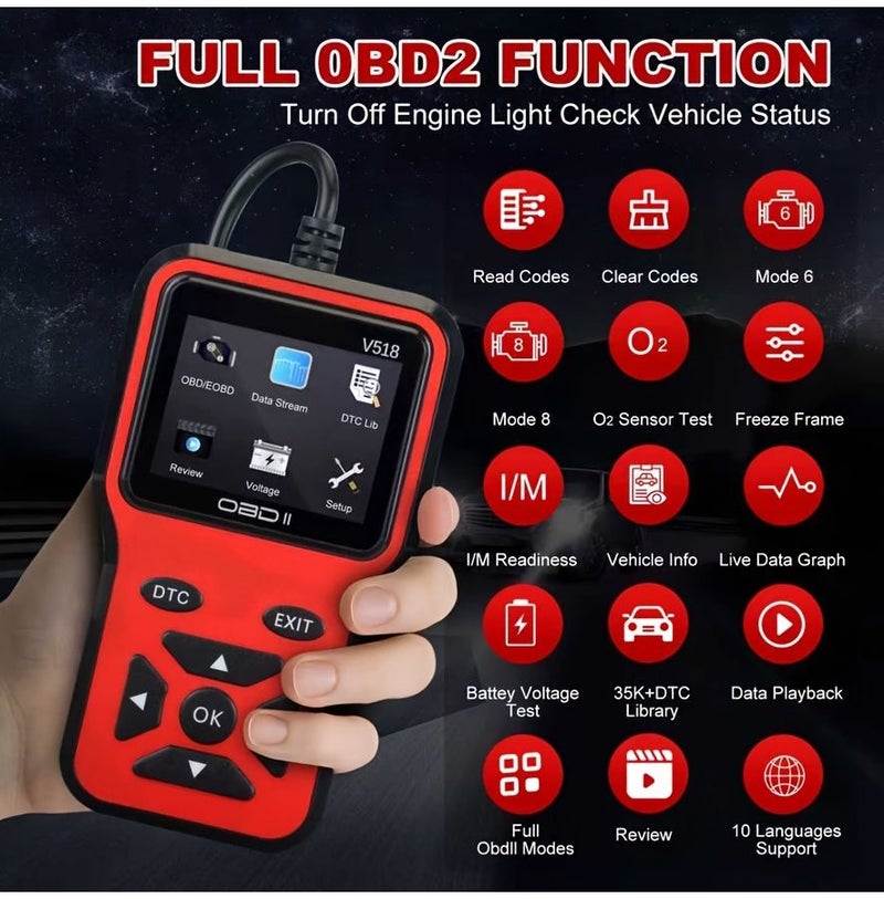 أداة تشخيص عالمية OBD2 للسيارات - ماسح ضوئي متطور باللون الأحمر لقراءة ومسح رموز الأعطال في المحرك للمركبات منذ عام 1996، بدون حاجة لبطارية - Image 4