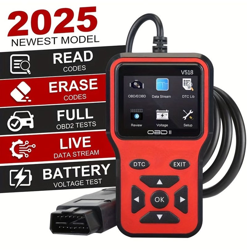 أداة تشخيص عالمية OBD2 للسيارات - ماسح ضوئي متطور باللون الأحمر لقراءة ومسح رموز الأعطال في المحرك للمركبات منذ عام 1996، بدون حاجة لبطارية - Image 1