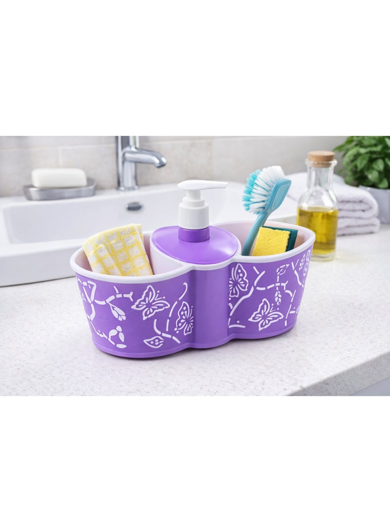 Plastic Kitchen Sink Organizer Caddy with Liquid Soap Dispenser Pump and Sponge Holder, Butterfly Design - Purple - Image 2