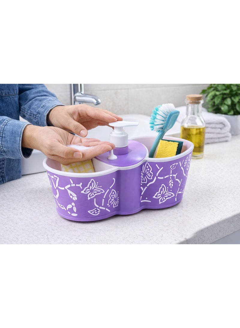 Plastic Kitchen Sink Organizer Caddy with Liquid Soap Dispenser Pump and Sponge Holder, Butterfly Design - Purple - Image 3