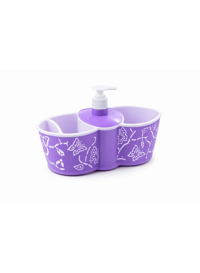 Plastic Kitchen Sink Organizer Caddy with Liquid Soap Dispenser Pump and Sponge Holder, Butterfly Design - Purple - Image 1
